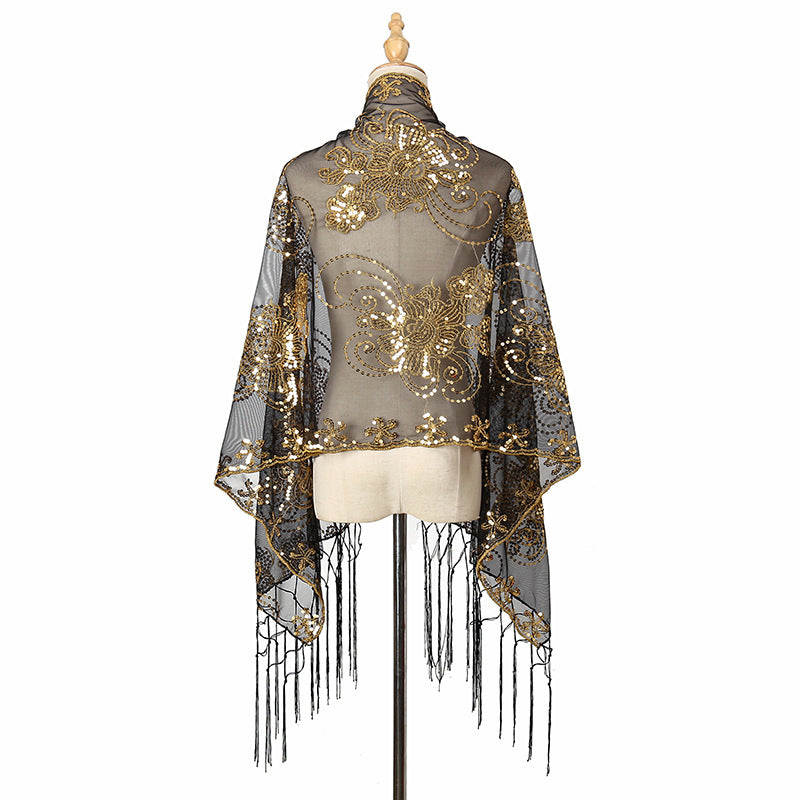 Long Fringe Sequin Embroidered Shawl Party Dress Evening Banquet Spring Summer Thin Cheongsam Gauze Scarf Women