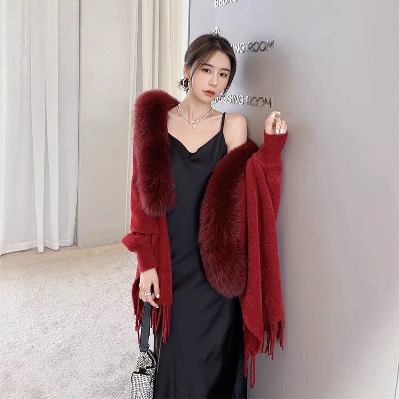 Autumn and Winter Women's New Faux Fur Knitted Cape Cardigan Solid Color Tassel Mid-Length Fur Collar Poncho Cape