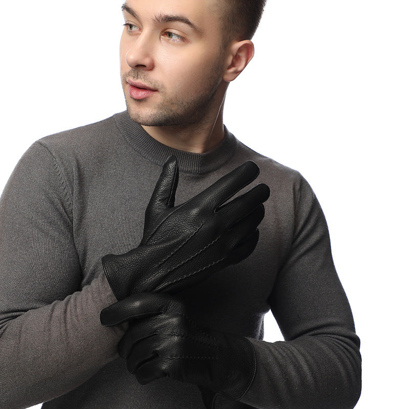 Men's imitation deer skin, wool lined business gloves, outdoor velvet, autumn and winter warm goat skin leather gloves