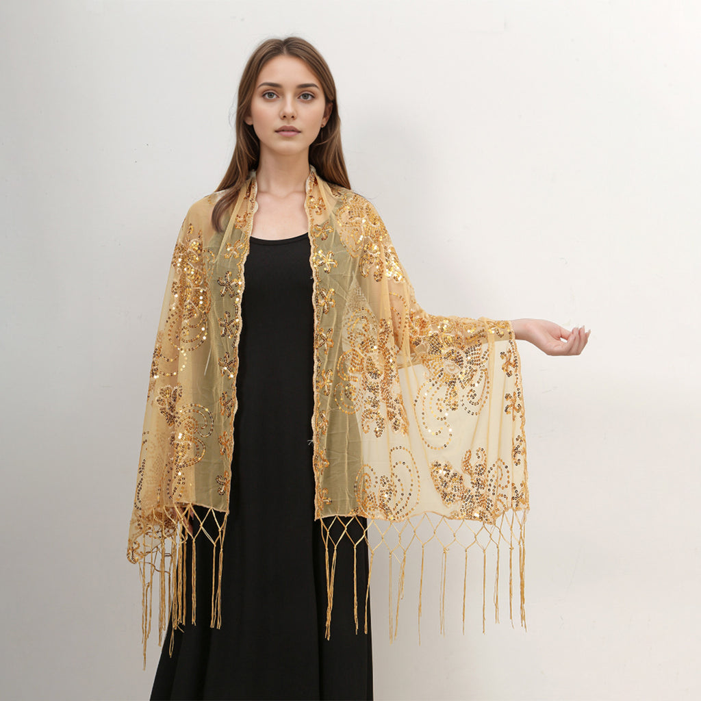Long Fringe Sequin Embroidered Shawl Party Dress Evening Banquet Spring Summer Thin Cheongsam Gauze Scarf Women