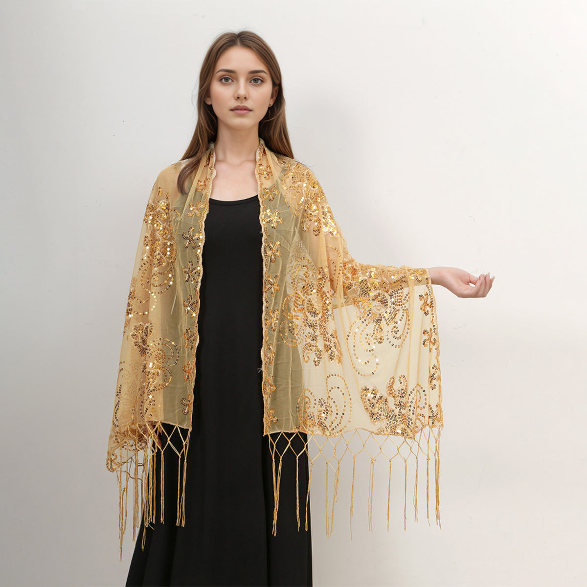 Long Fringe Sequin Embroidered Shawl Party Dress Evening Banquet Spring Summer Thin Cheongsam Gauze Scarf Women