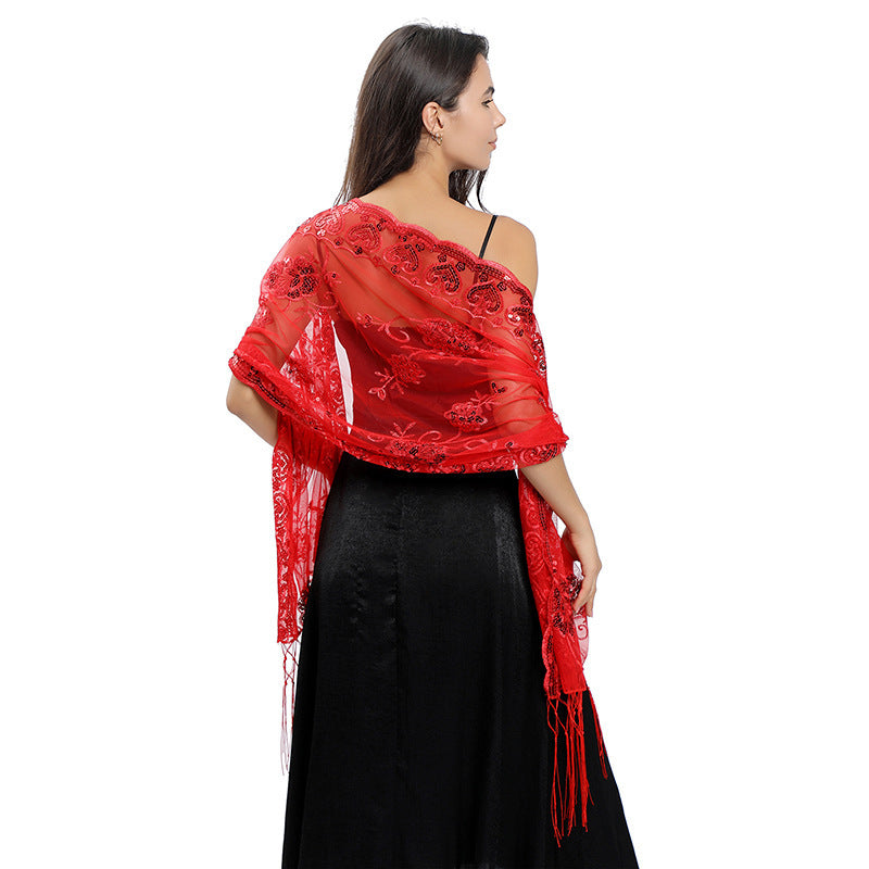 Flower Sequin Embroidered Long Fringe Shawl for Bride Bridesmaid Party Evening Dress Women