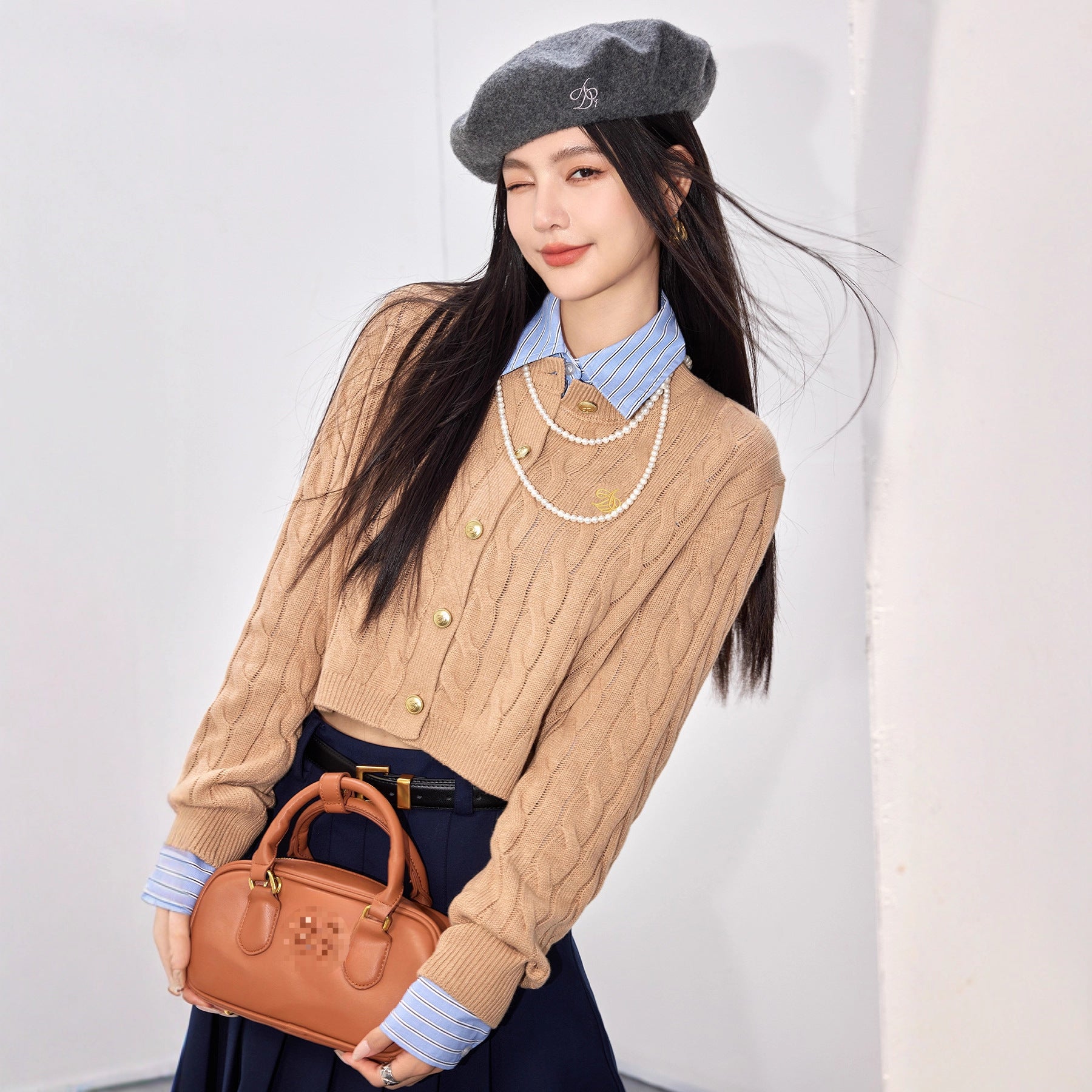 Chic Gray Knit Cardigan with Cable Pattern Long Sleeve Fitted Top for Women