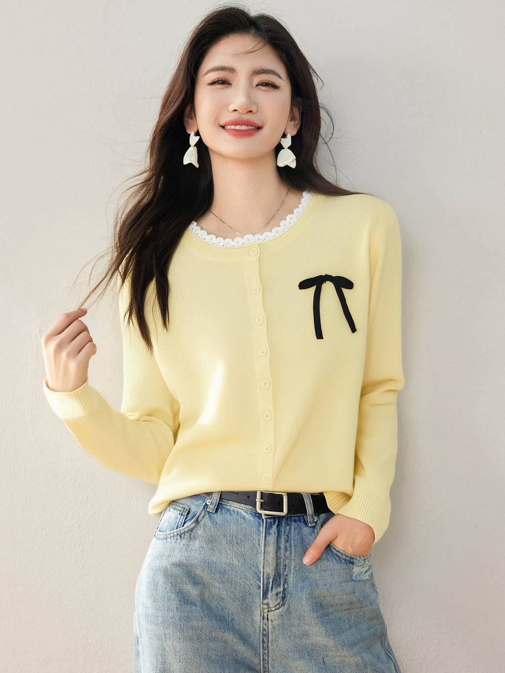 Cute Bow Tie Belted Knit Sweater for Women, Autumn/Winter Fashion Loose Cardigan with Sweet Design