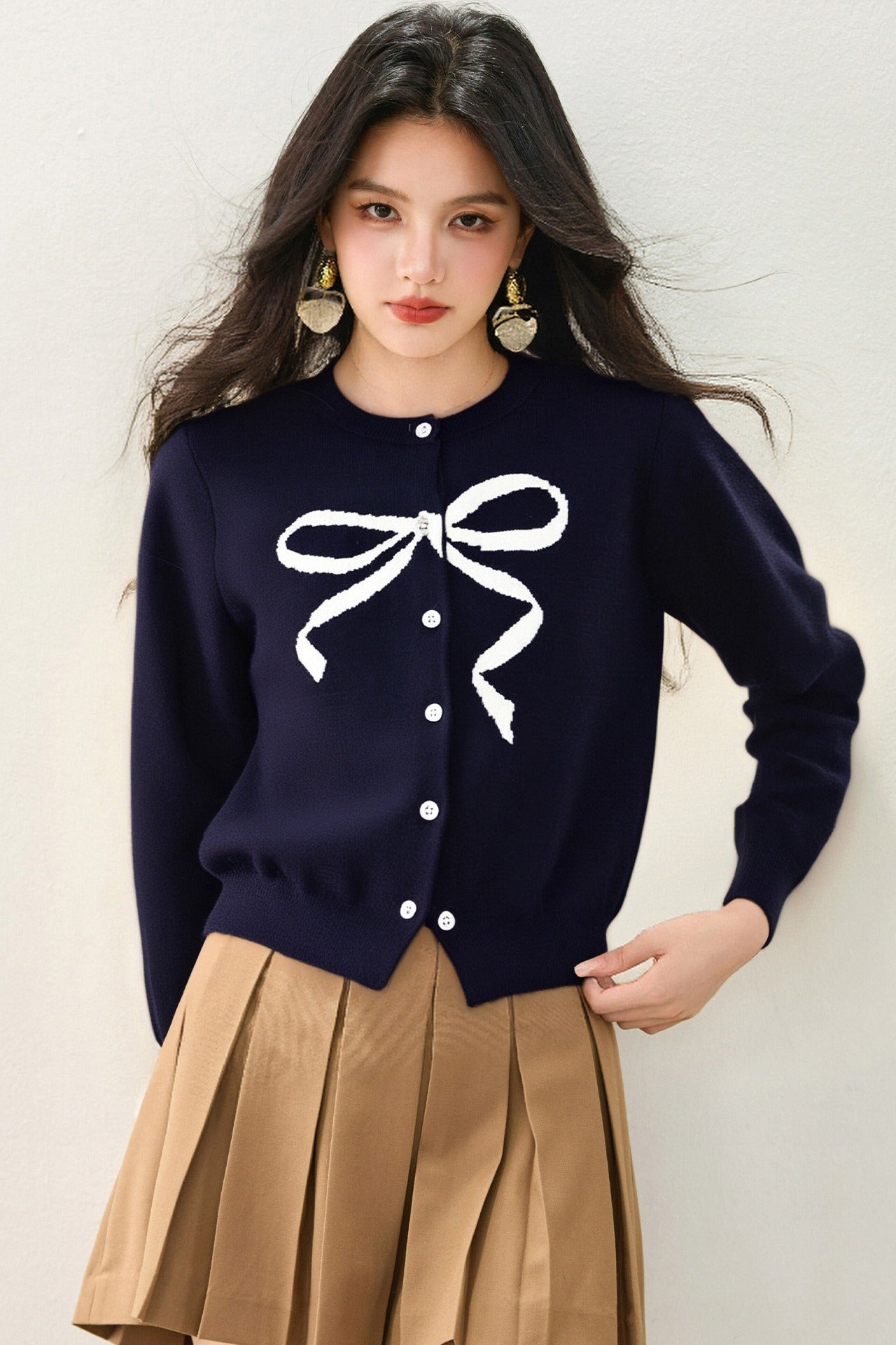 Soft Knit Cardigan with Round Neck and Bow Print for Women, Autumn Casual Top