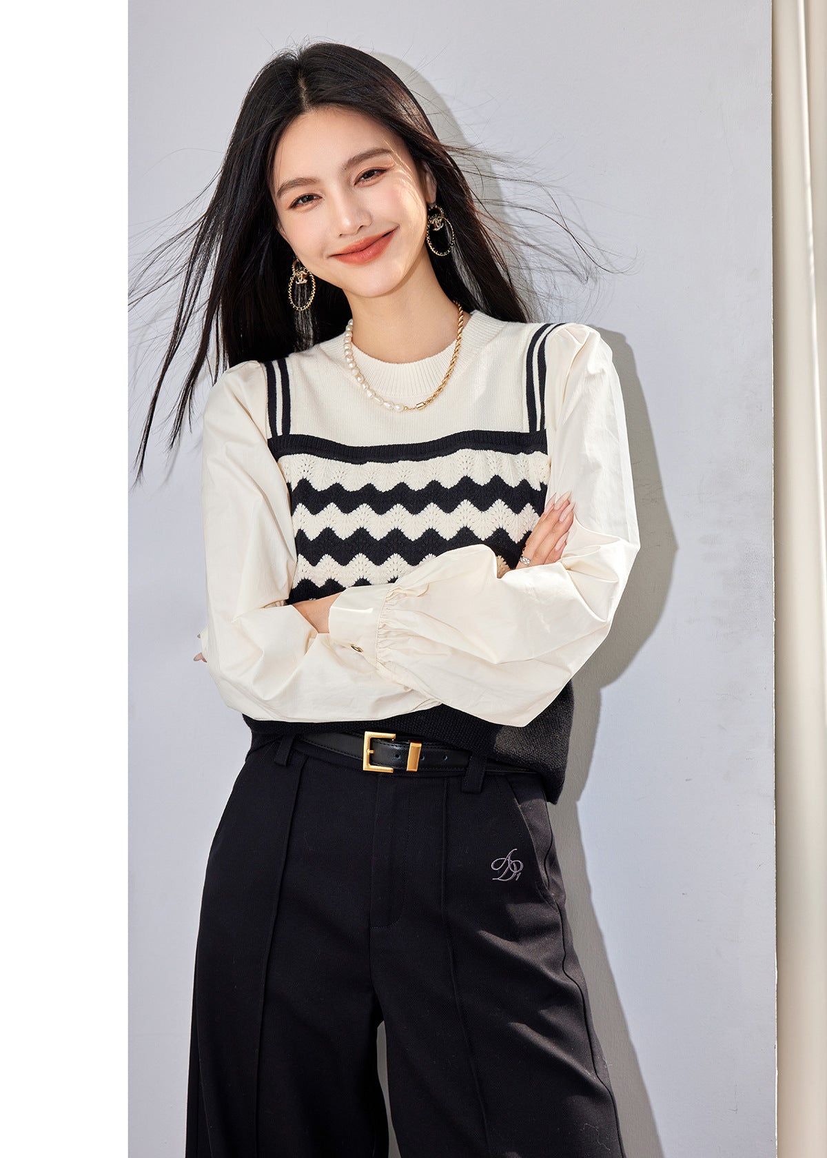 French Style Knitwear with Striped PatchworkElegant Women's Top