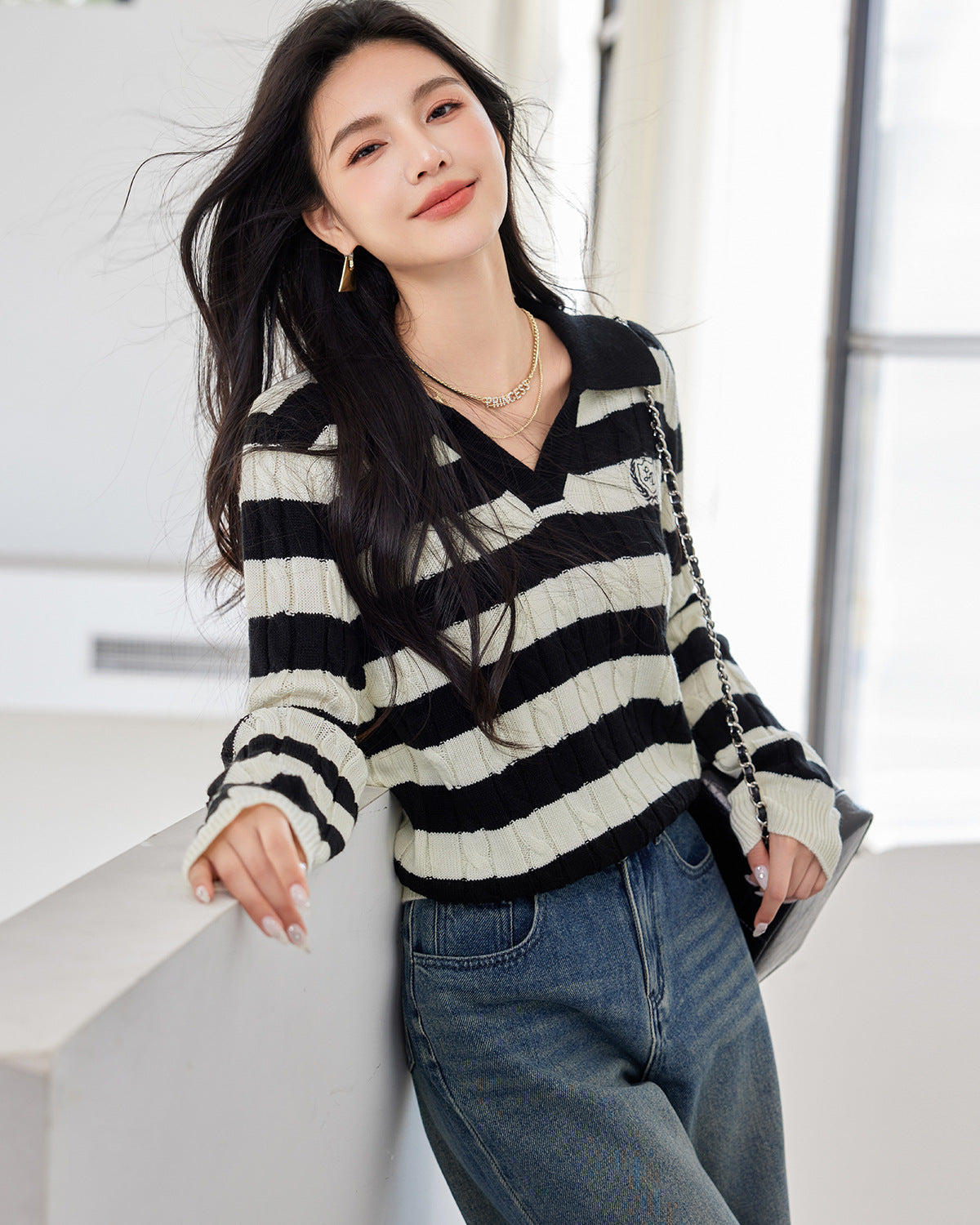 Academy Style Turn-Down Collar Knit Sweater for Women, Autumn/Winter Innerwear, Vintage Polo Shirt Top