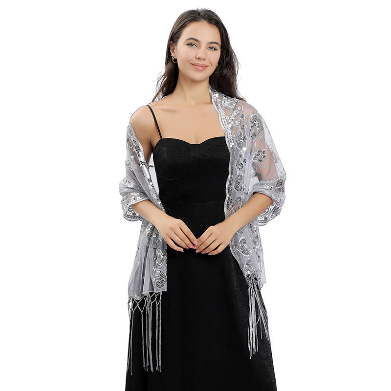Flower Sequin Embroidered Long Fringe Shawl for Bride Bridesmaid Party Evening Dress Women