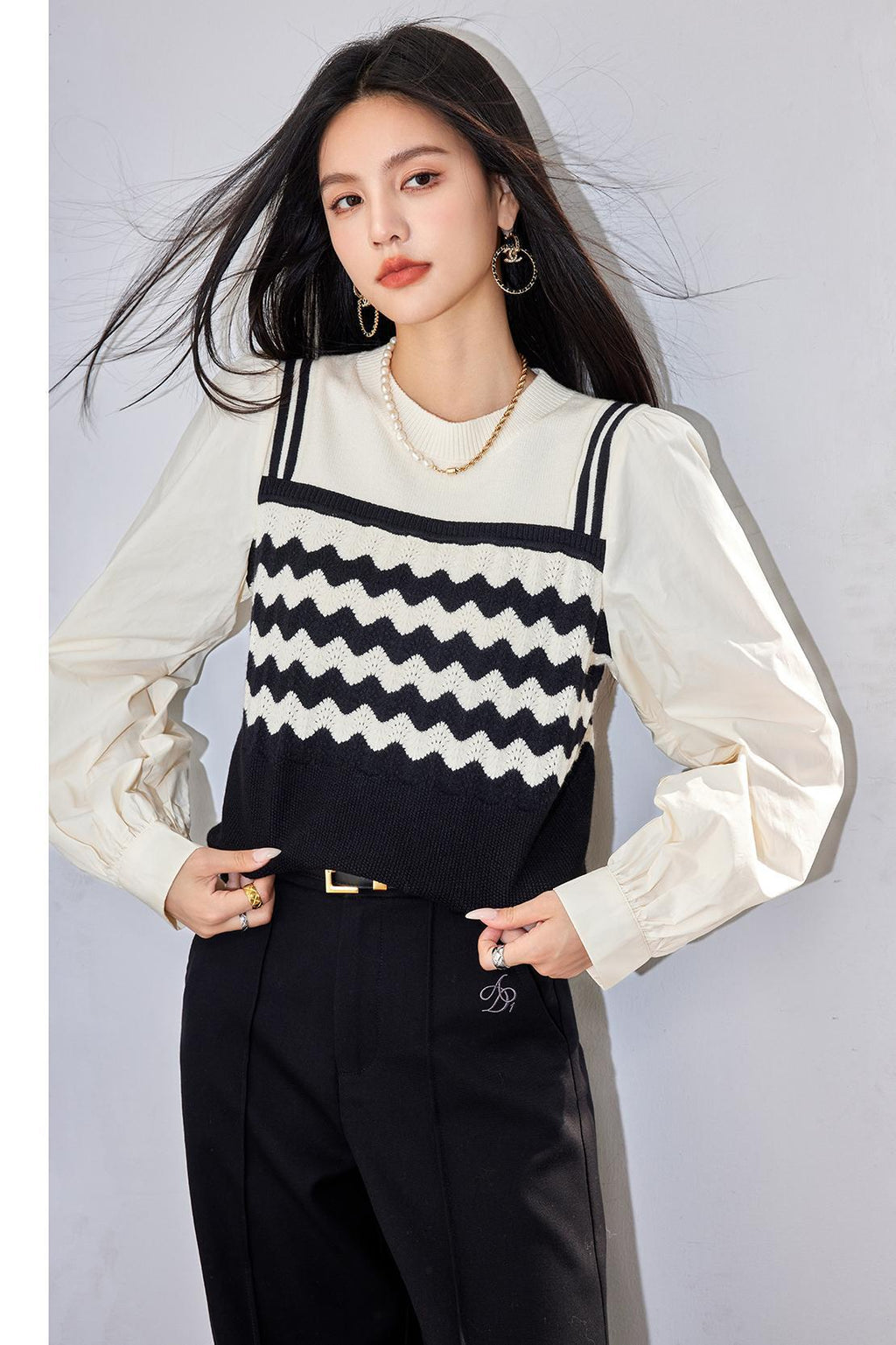 French Style Knitwear with Striped PatchworkElegant Women's Top