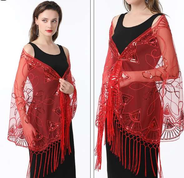 Mesh sequin dress cape cheongsam dress long summer waistcoat with ball tassel shawl wedding dress cape