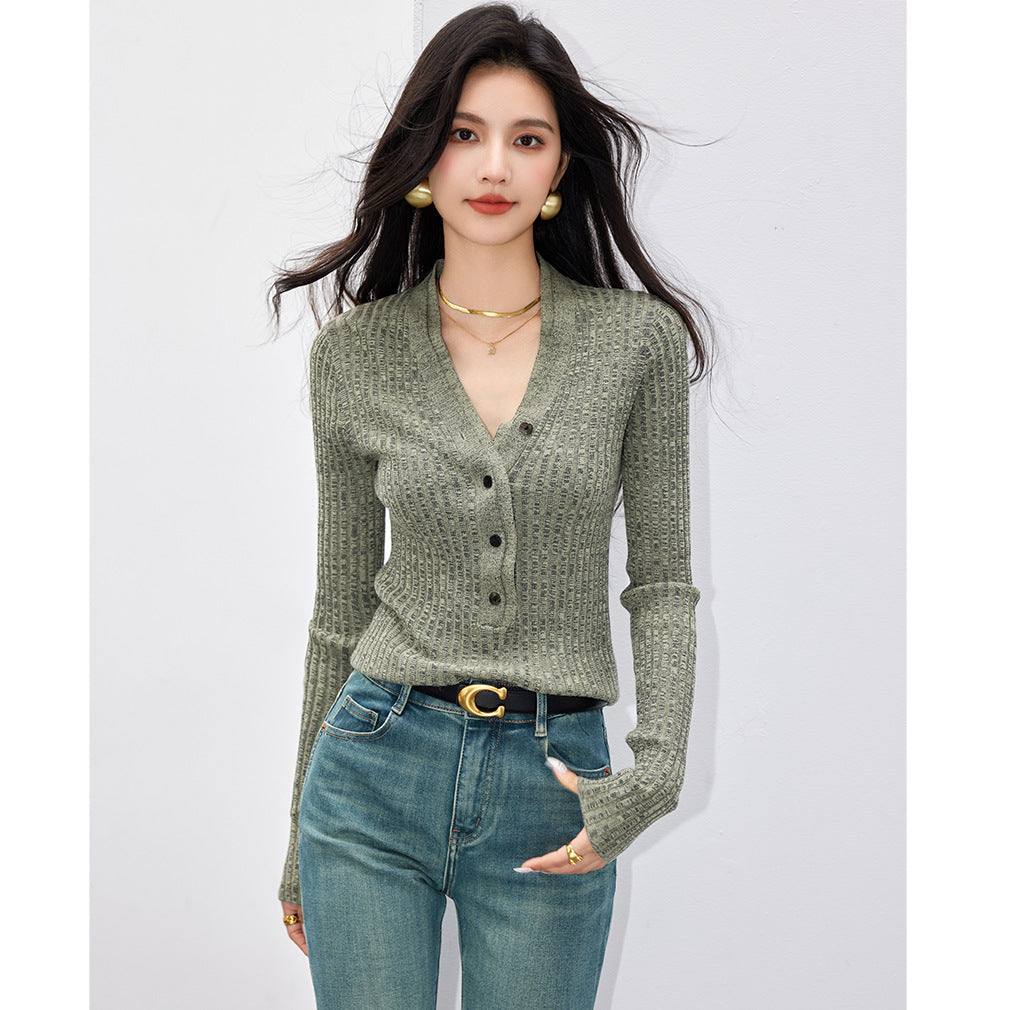 Perfectly Sexy Wool Double-Layer Half-Open Narrow V-Neck Ribbed Fitted Knitwear