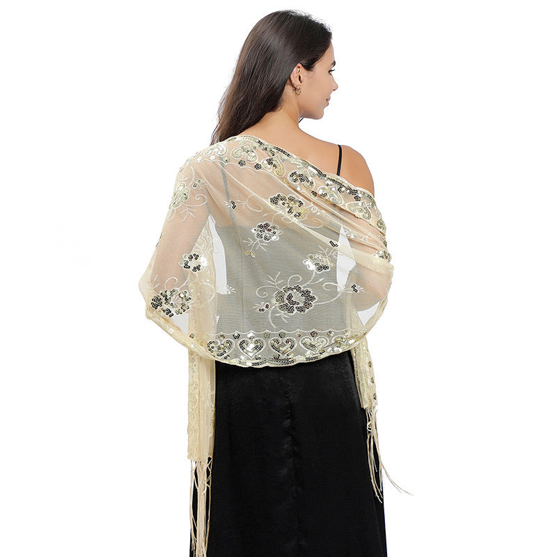 Flower Sequin Embroidered Long Fringe Shawl for Bride Bridesmaid Party Evening Dress Women