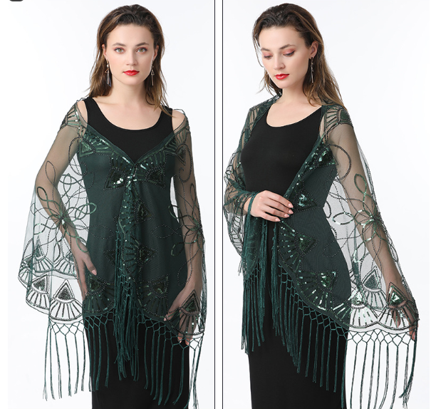 Mesh sequin dress cape cheongsam dress long summer waistcoat with ball tassel shawl wedding dress cape