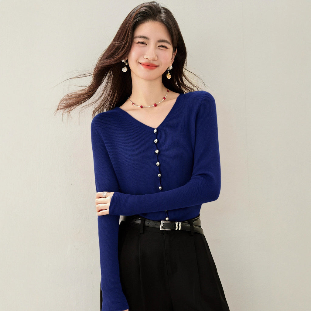 Chic Navy Blue V-Neck Knit Cardigan for Women  Lightweight Long Sleeve Inner Top
