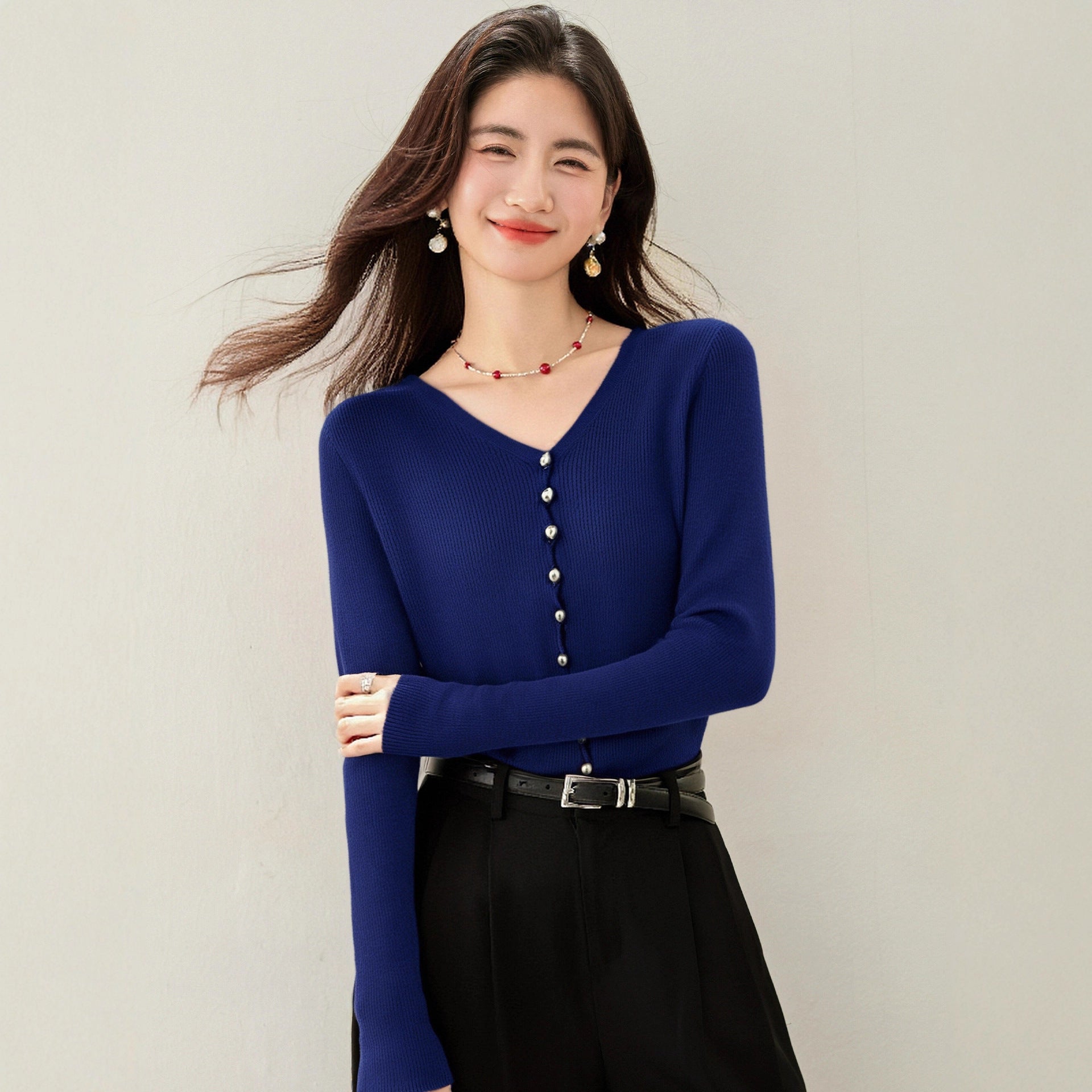 Chic Navy Blue V-Neck Knit Cardigan for Women  Lightweight Long Sleeve Inner Top