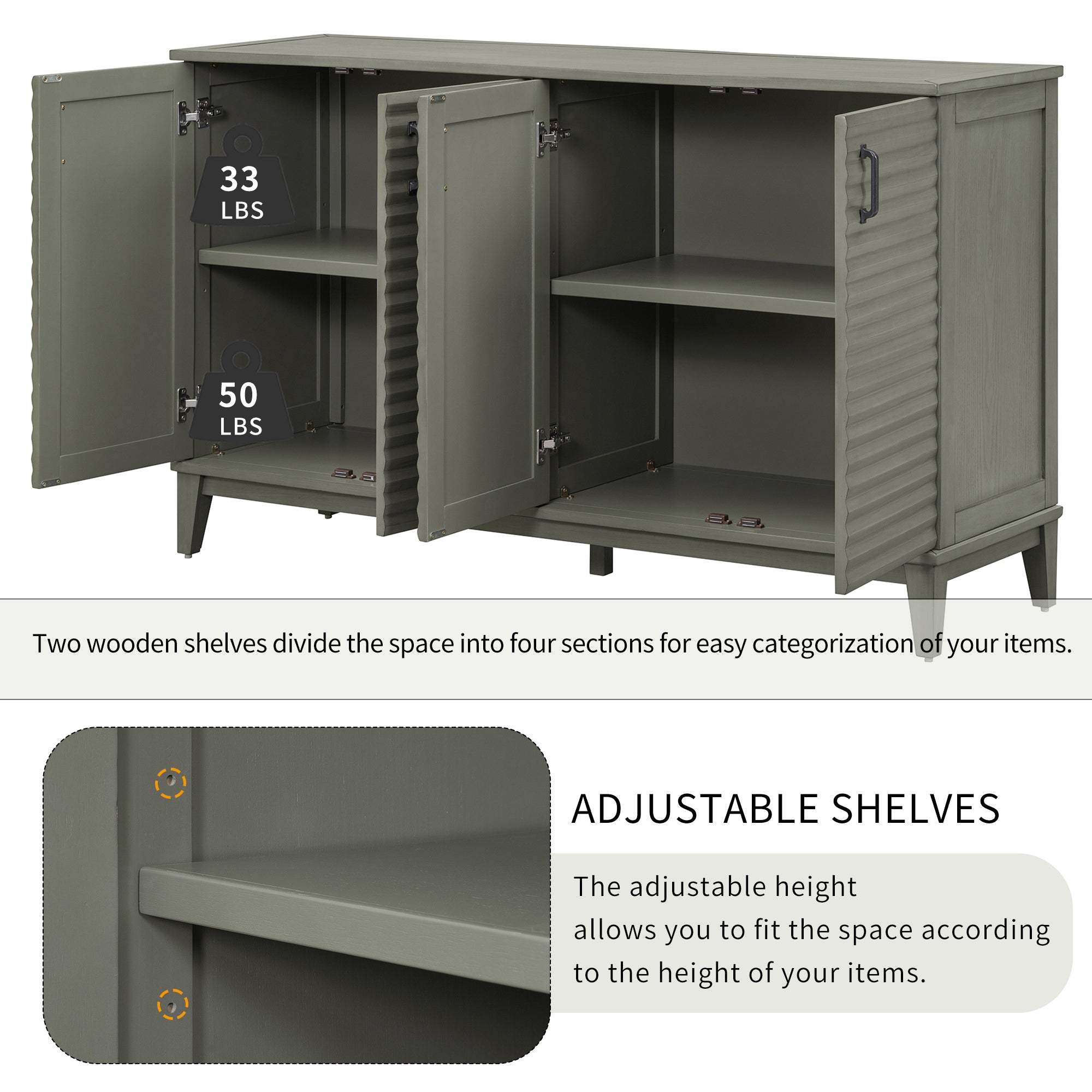 TREXM side panel with 4-door large storage buffet, adjustable shelves and metal handles (antique gray)