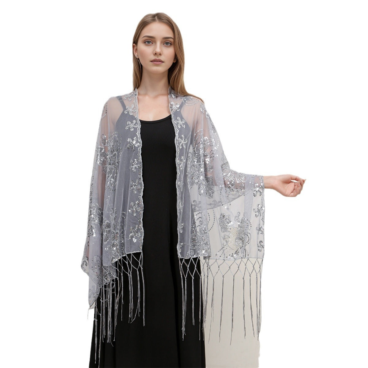 Long Fringe Sequin Embroidered Shawl Party Dress Evening Banquet Spring Summer Thin Cheongsam Gauze Scarf Women