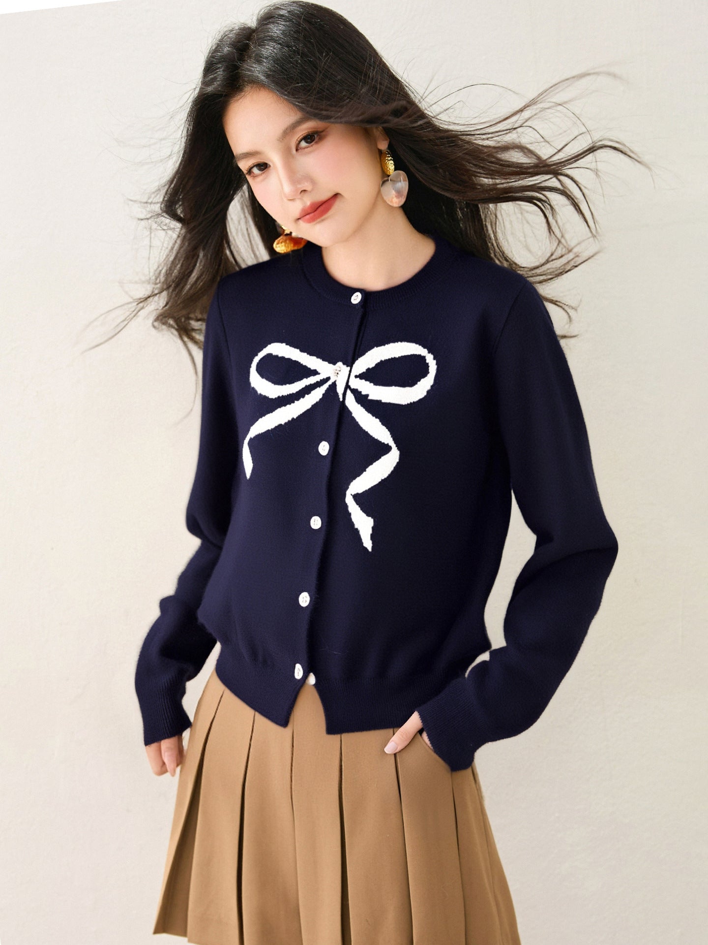 Soft Knit Cardigan with Round Neck and Bow Print for Women, Autumn Casual Top