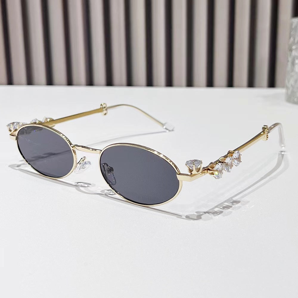 Metal inlaid diamond oval frame glasses resin anti blue light glasses rhinestone sunglasses