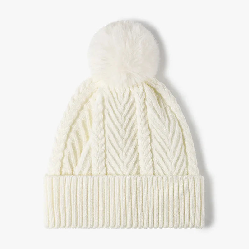 Cable Knit Solid Color Hat with Pompom