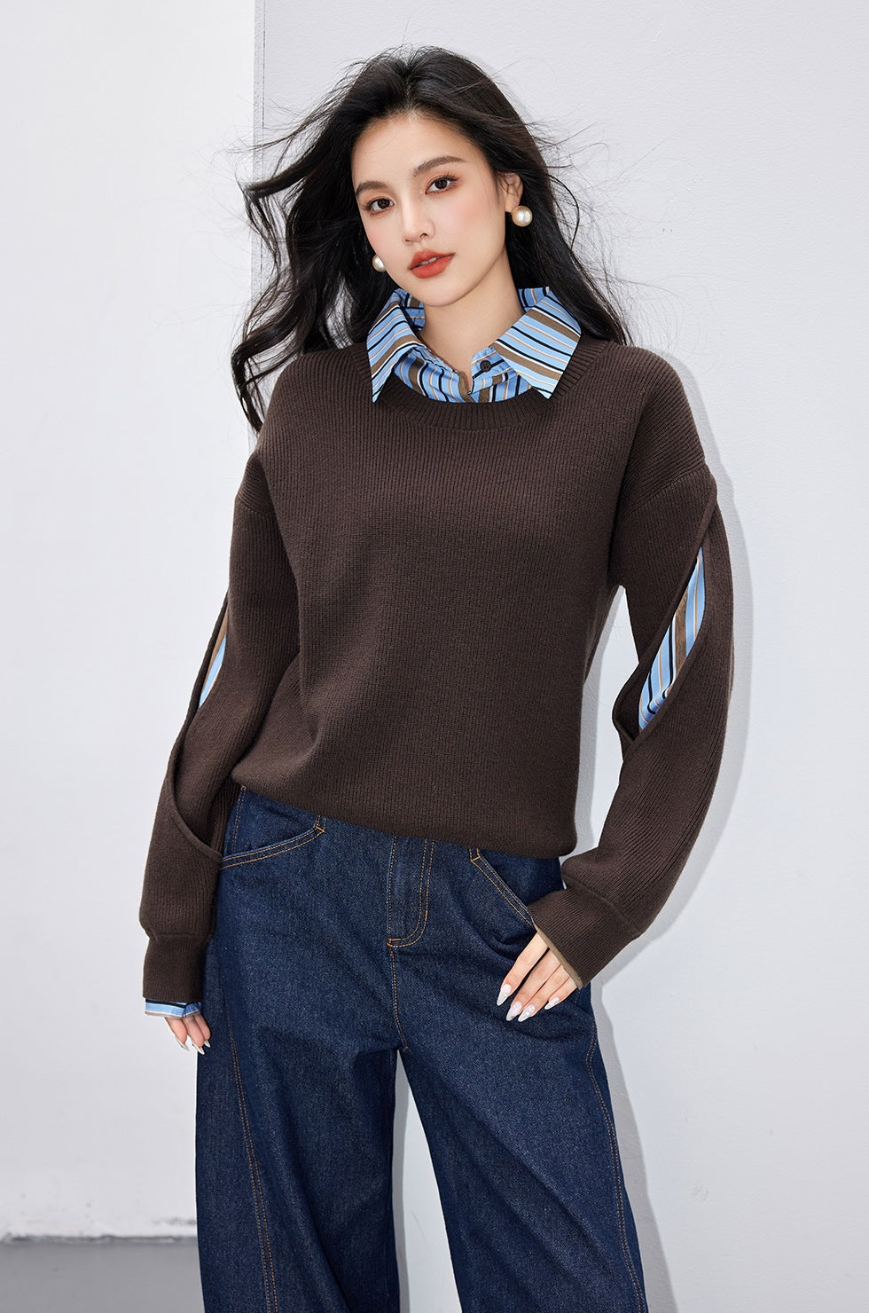 Fashion Style False Two-Piece Splicing Hollow Knit Sweater for Women  Simple Knitwear