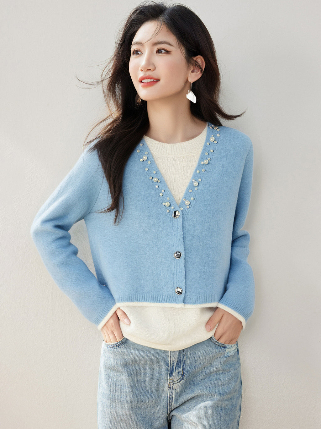 Office Wear◆Knitwear Two-Piece Set with Beaded Design, Casual Style Long Sleeve Top