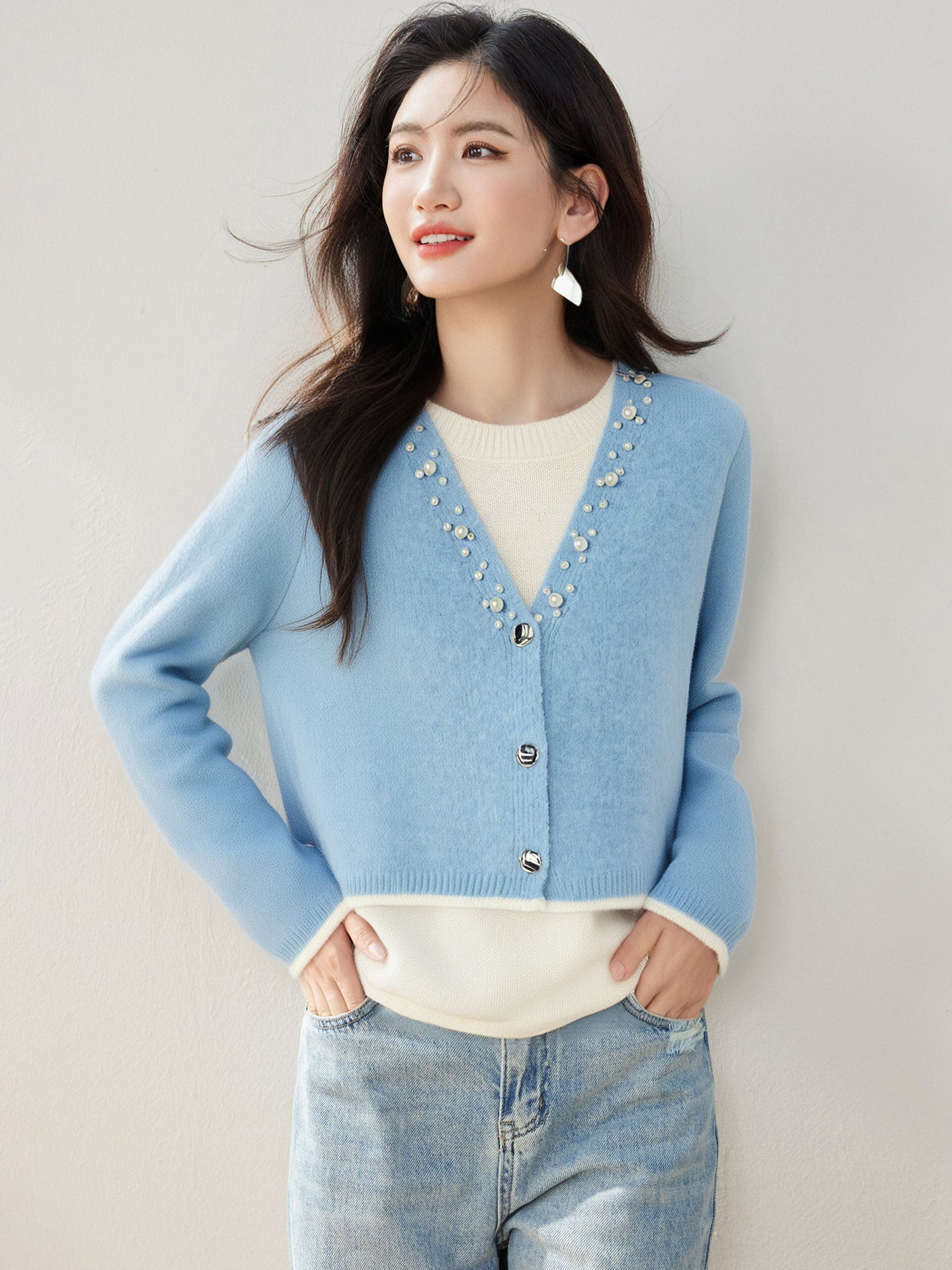 Office Wear◆Knitwear Two-Piece Set with Beaded Design, Casual Style Long Sleeve Top