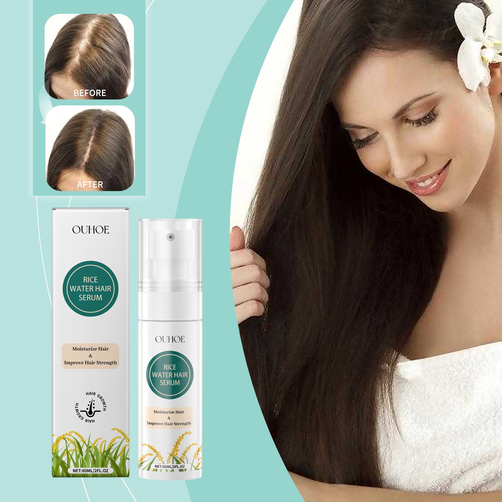 OUHOE Rice Water Hair Repair Spray, Scalp Repair Nourishes Dry And Irritated Hair Moisturizing Hair Treatment Spray