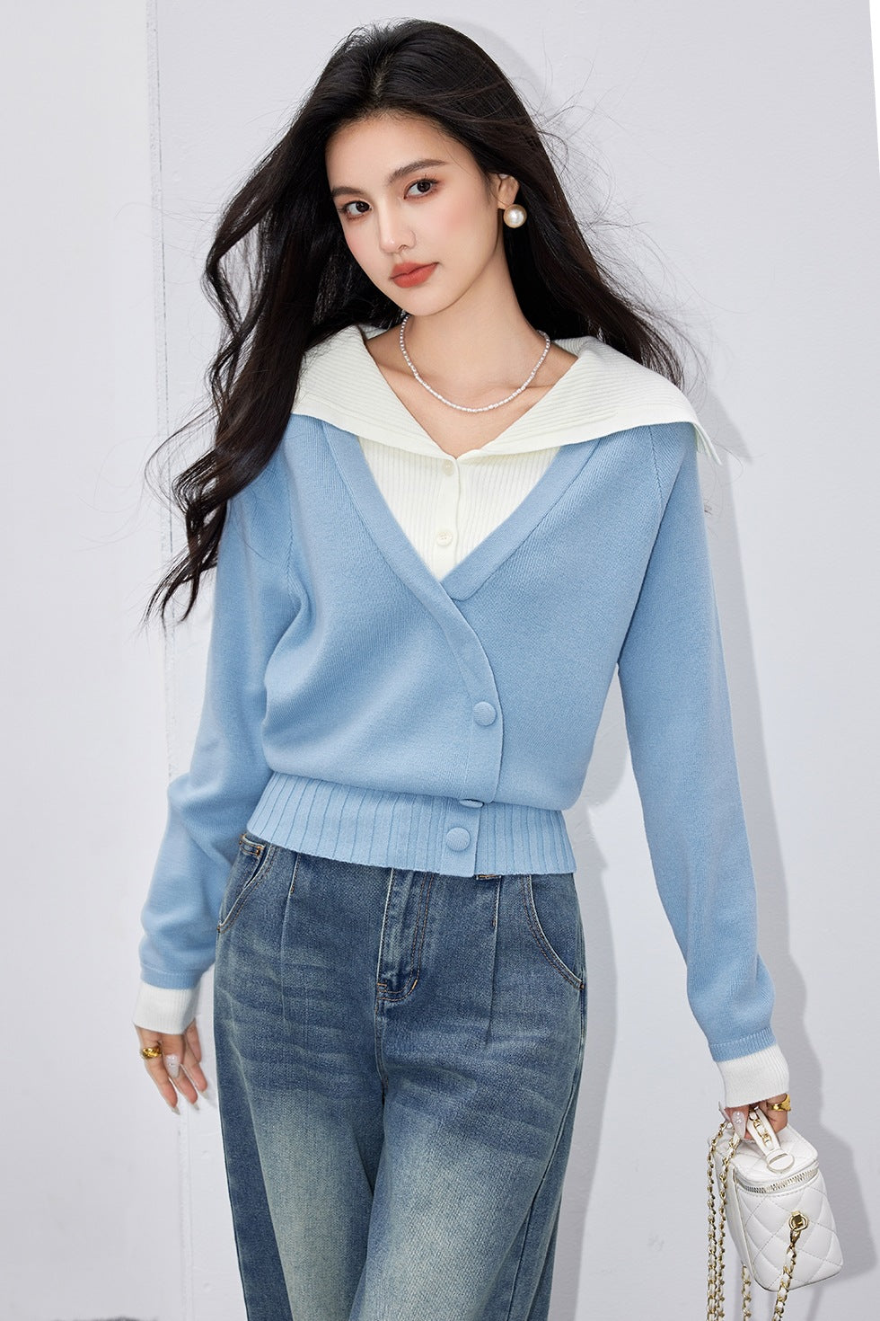 French Style Knit Sweater for Women Color-Blocking Stitched, Long Sleeve  Casual Wear