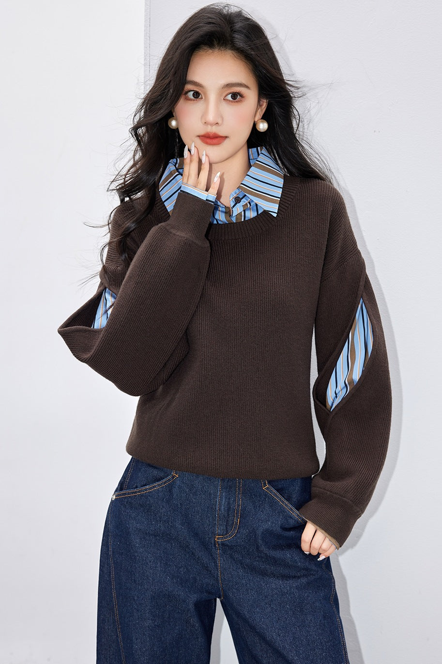 Fashion Style False Two-Piece Splicing Hollow Knit Sweater for Women  Simple Knitwear