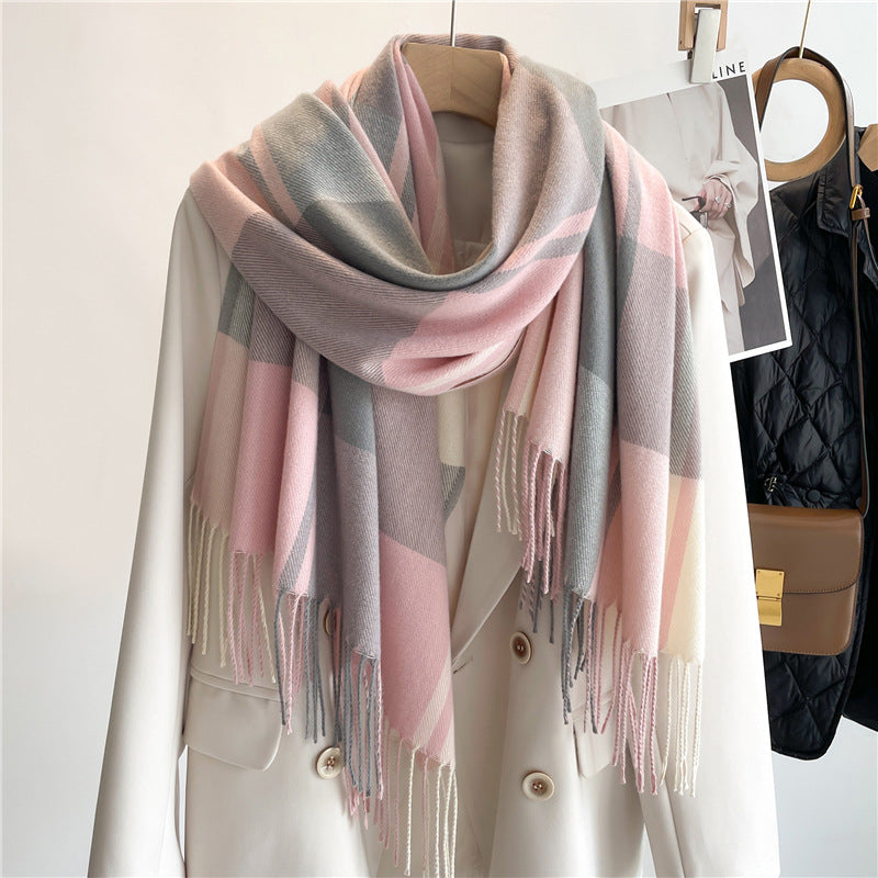 Chic Checkered Scarf for Women Men's Neck Warmer Long Fringed Versatile Couple Scarf Faux Cashmere