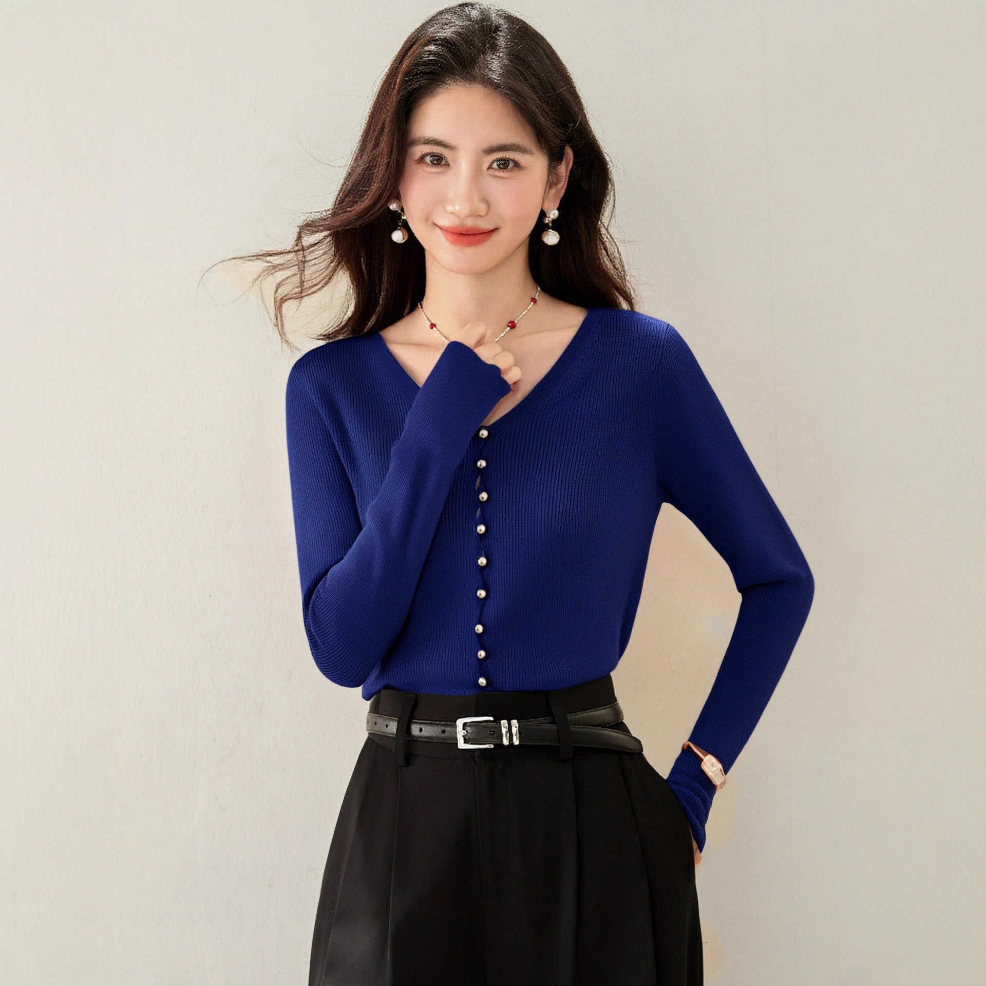 Chic Navy Blue V-Neck Knit Cardigan for Women  Lightweight Long Sleeve Inner Top
