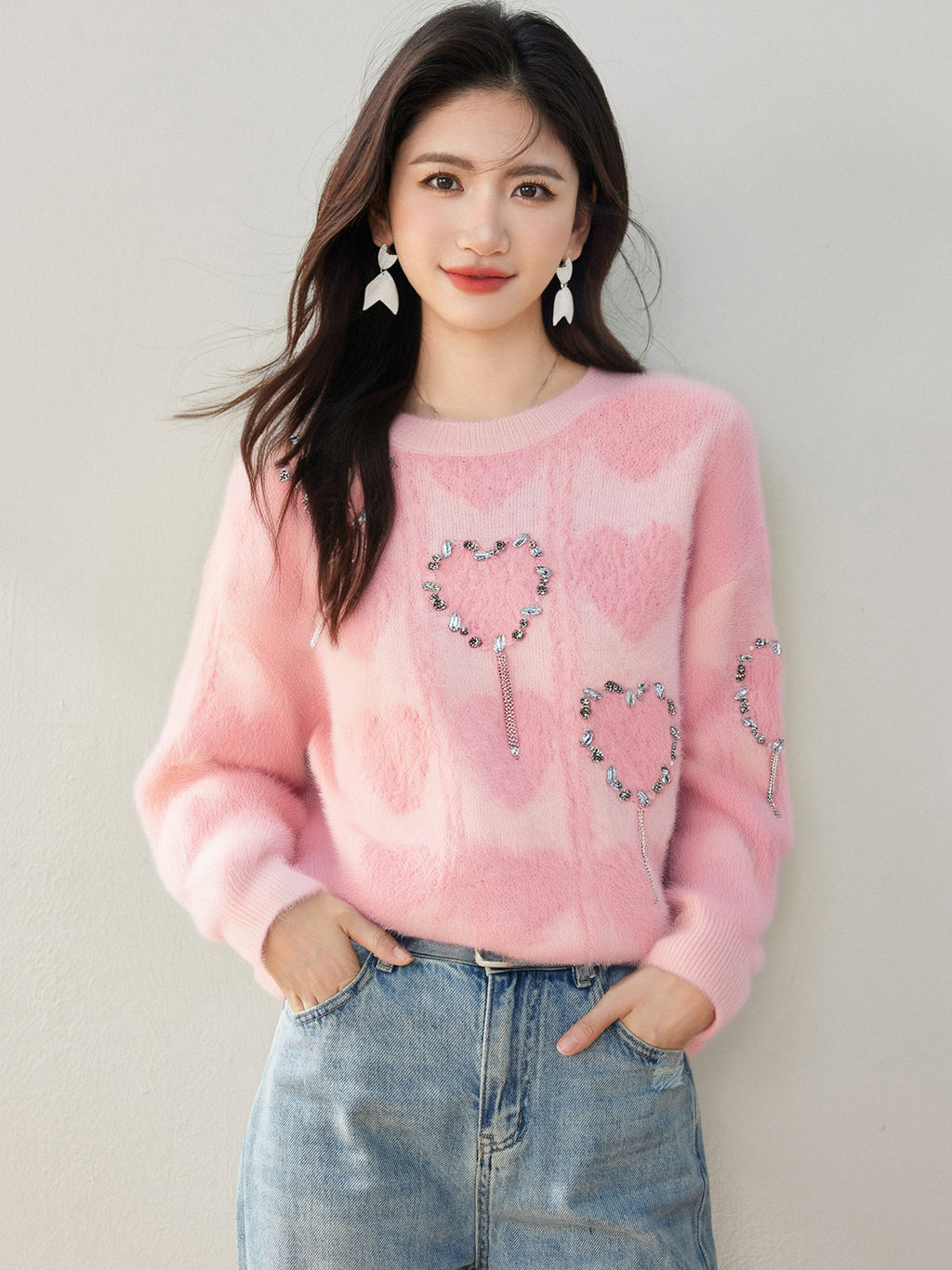 Charming Beaded Heart Knit Sweater for Women, Autumn/Winter Loose Fit Inner Layer Top