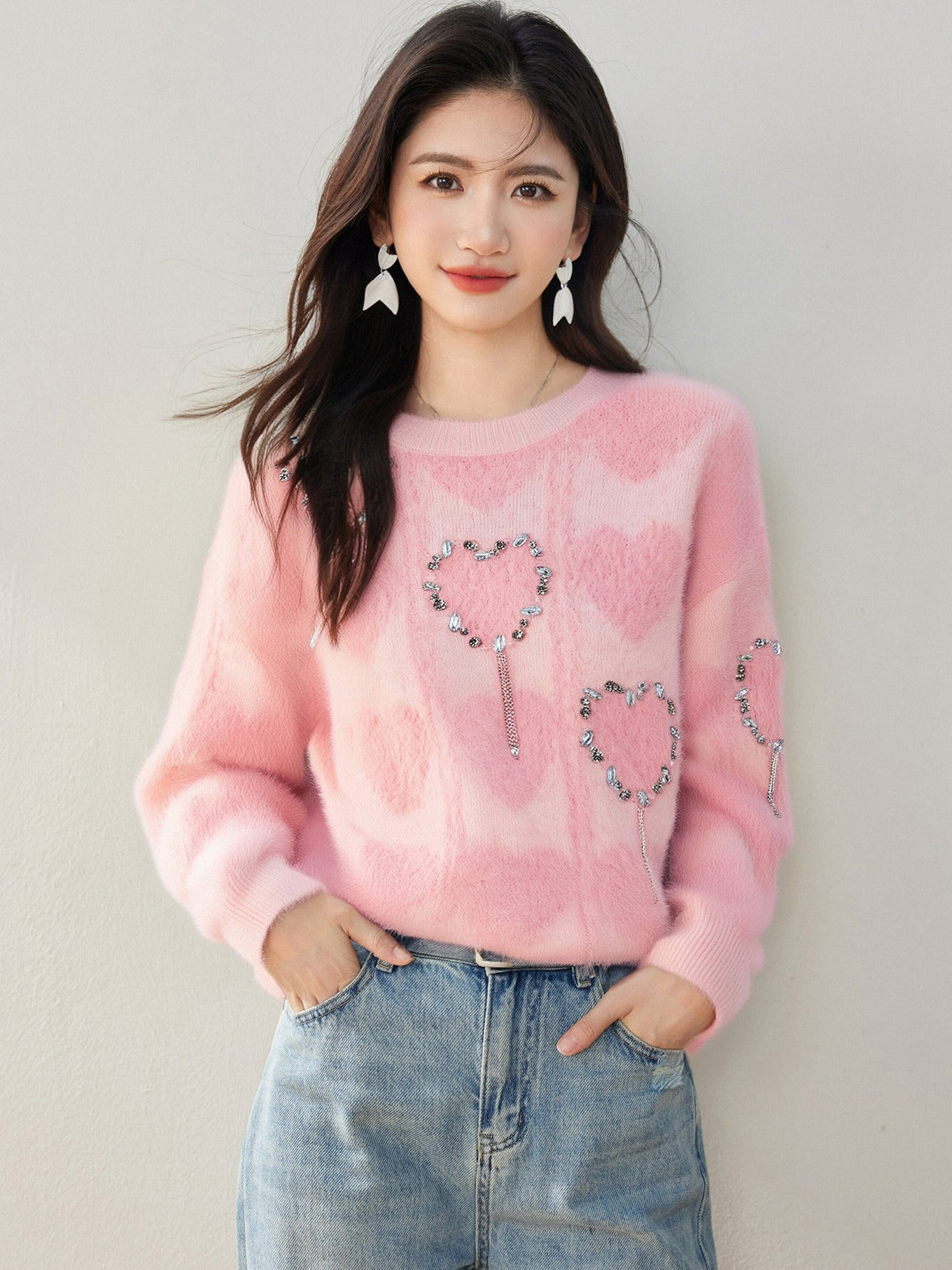 Charming Beaded Heart Knit Sweater for Women, Autumn/Winter Loose Fit Inner Layer Top