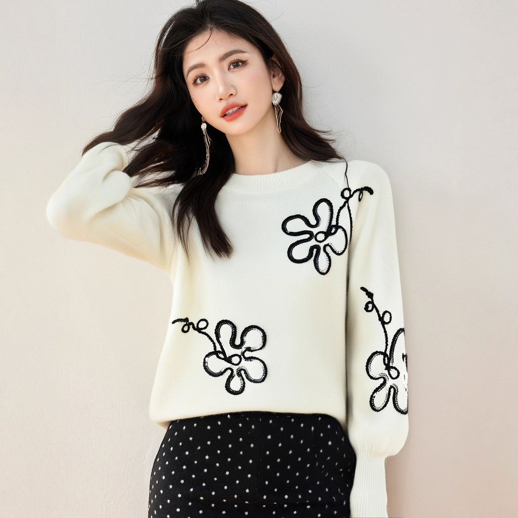 Chic Embellished Long Sleeve Round Neck Pullover Sweater for Women