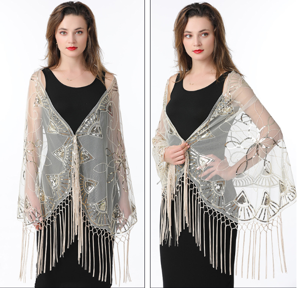 Mesh sequin dress cape cheongsam dress long summer waistcoat with ball tassel shawl wedding dress cape