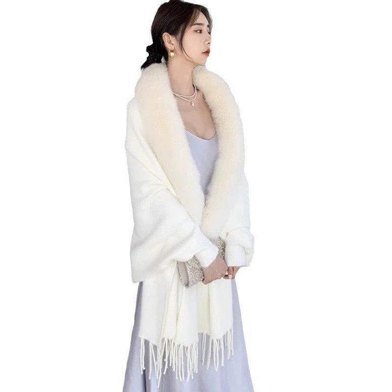 Autumn and Winter Women's New Faux Fur Knitted Cape Cardigan Solid Color Tassel Mid-Length Fur Collar Poncho Cape
