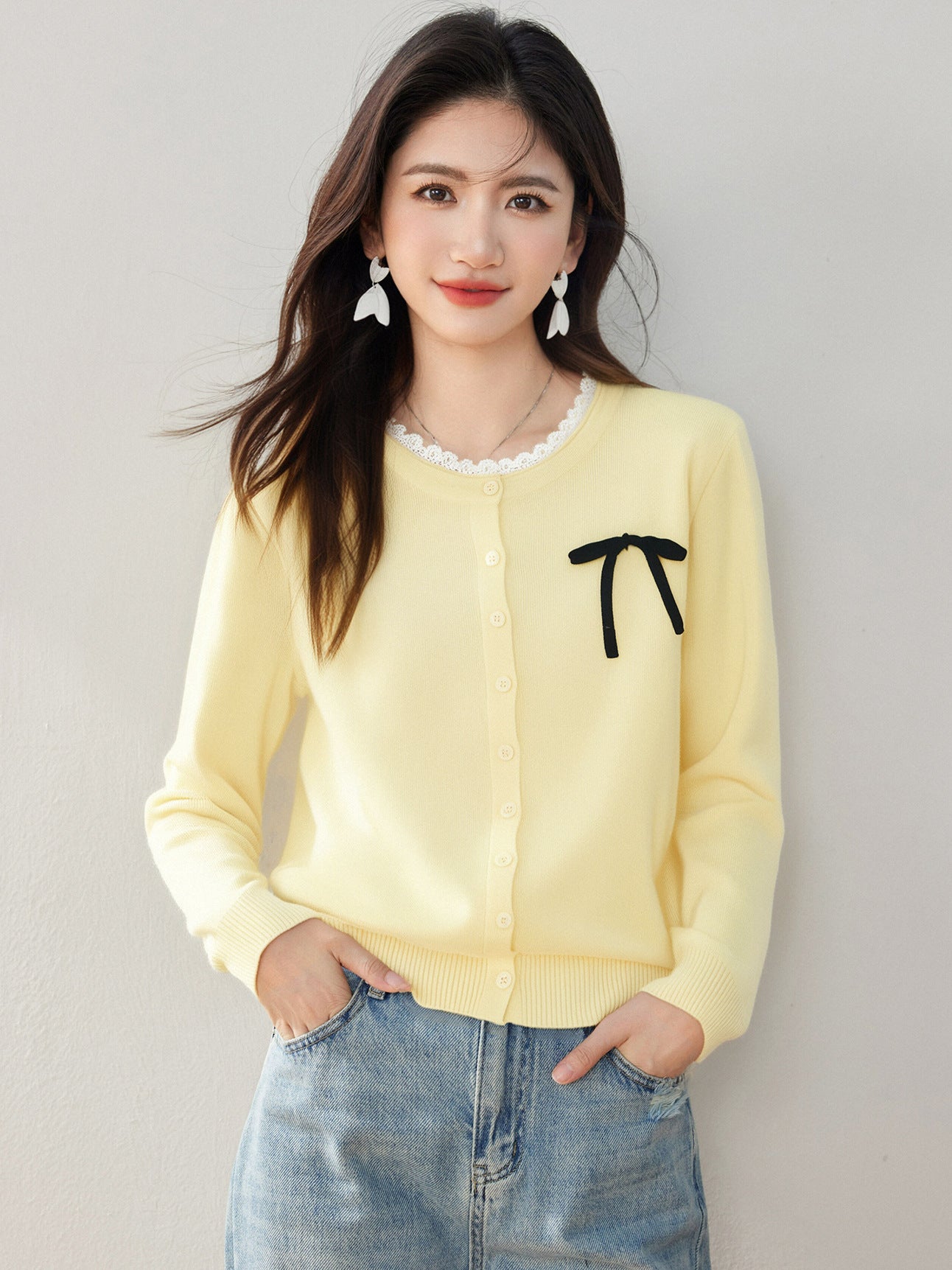 Cute Bow Tie Belted Knit Sweater for Women, Autumn/Winter Fashion Loose Cardigan with Sweet Design