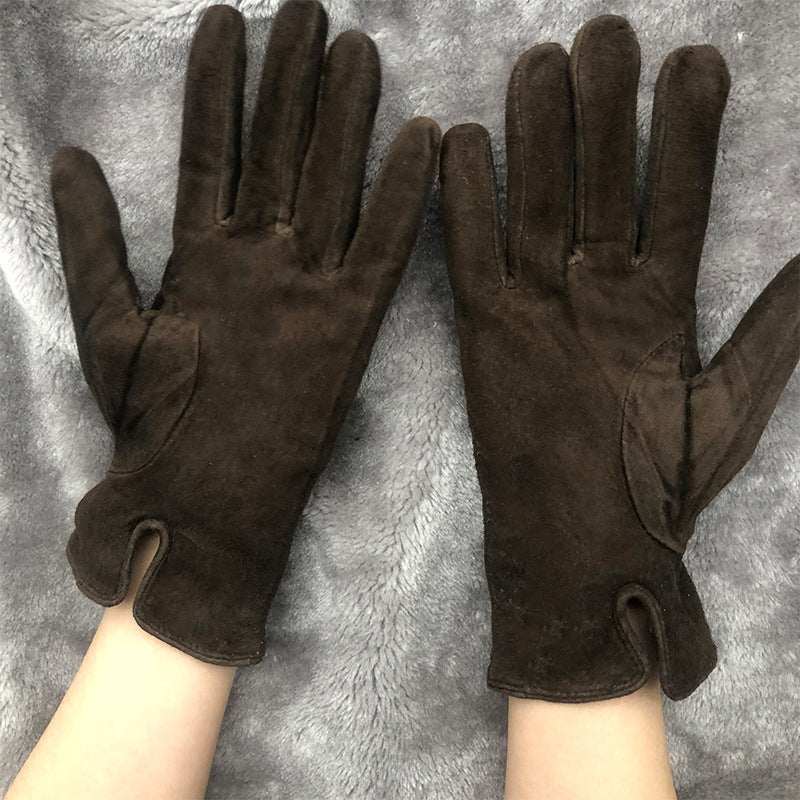 Winter Brown Thermal Finger-separated Gloves Unisex Japanese Style Genuine Leather Gloves