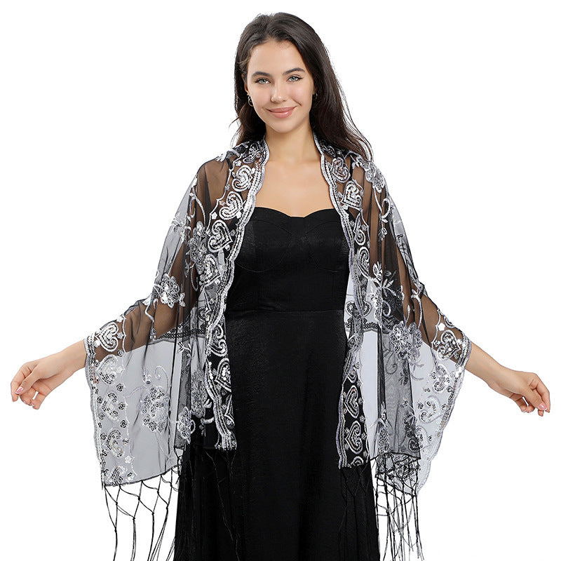 Flower Sequin Embroidered Long Fringe Shawl for Bride Bridesmaid Party Evening Dress Women