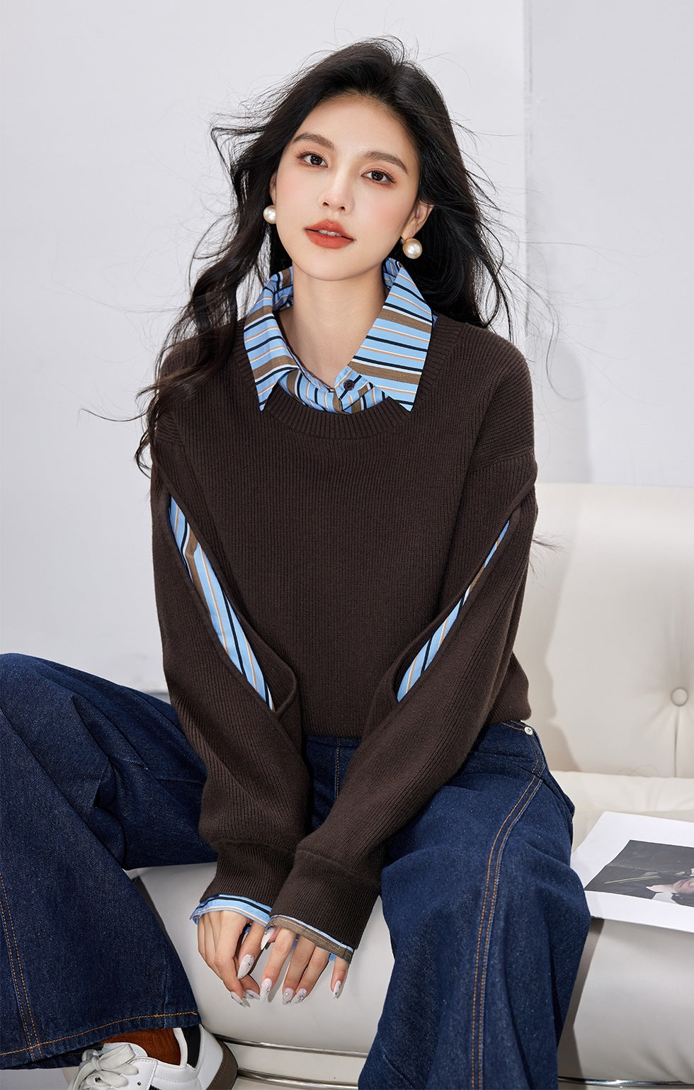 Fashion Style False Two-Piece Splicing Hollow Knit Sweater for Women  Simple Knitwear