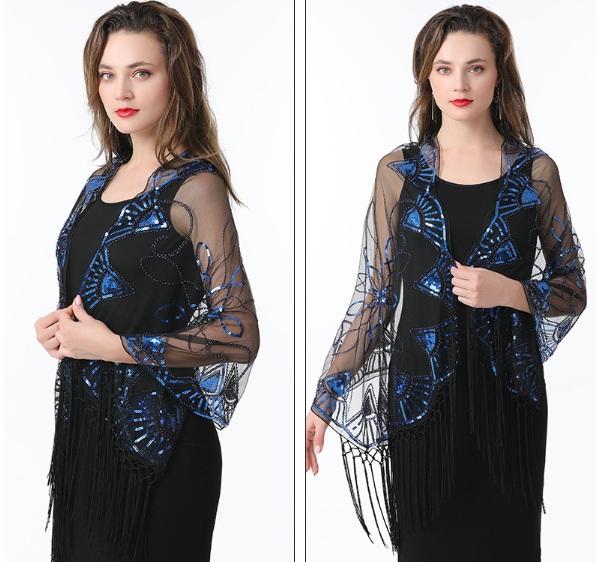 Mesh sequin dress cape cheongsam dress long summer waistcoat with ball tassel shawl wedding dress cape