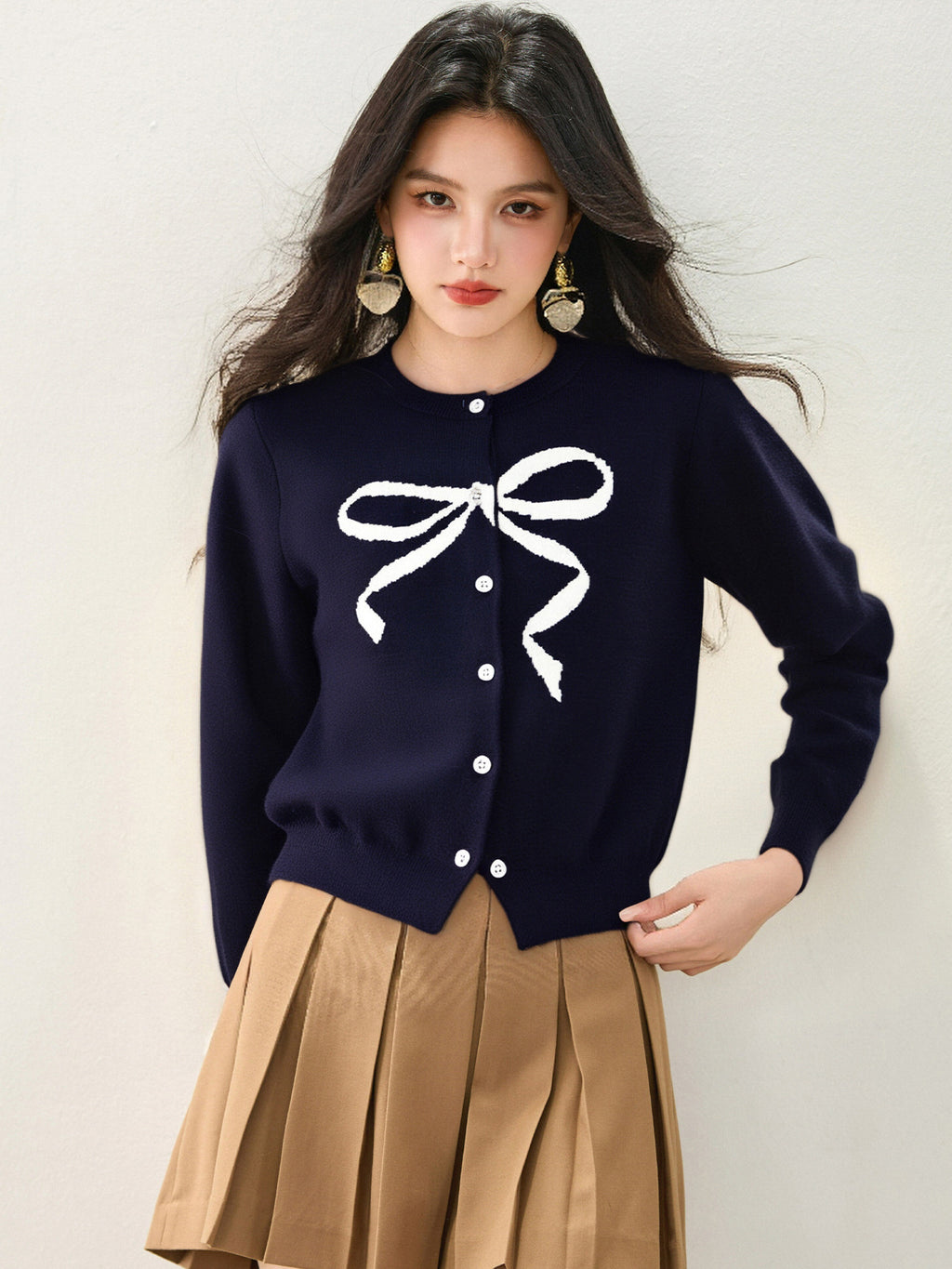 Soft Knit Cardigan with Round Neck and Bow Print for Women, Autumn Casual Top