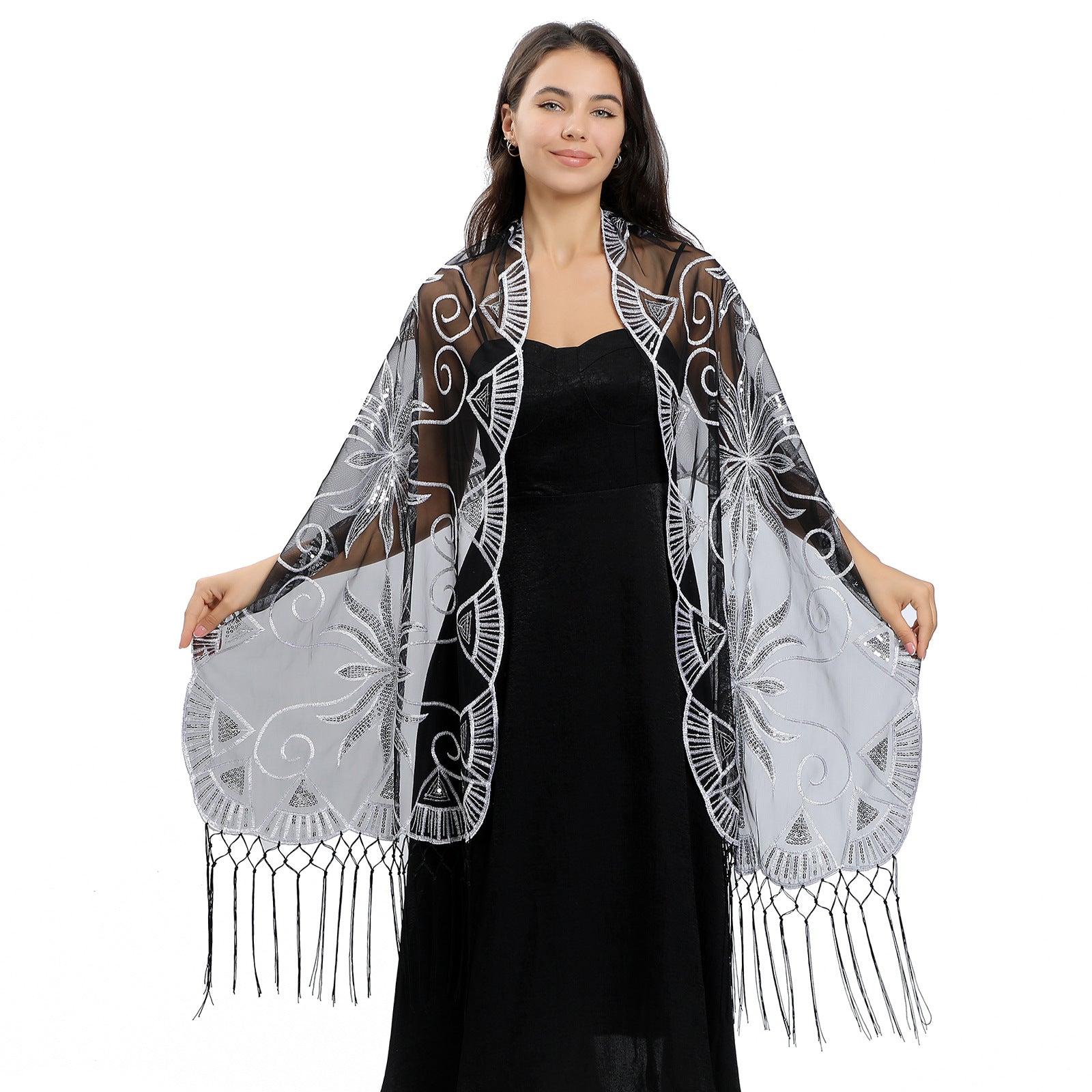 European and American Style Long Sequin Embroidered Cape for Bride, Bridesmaid, Party, Evening Dress Cape