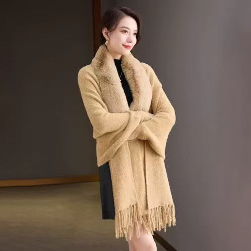 Autumn and Winter Women's New Faux Fur Knitted Cape Cardigan Solid Color Tassel Mid-Length Fur Collar Poncho Cape