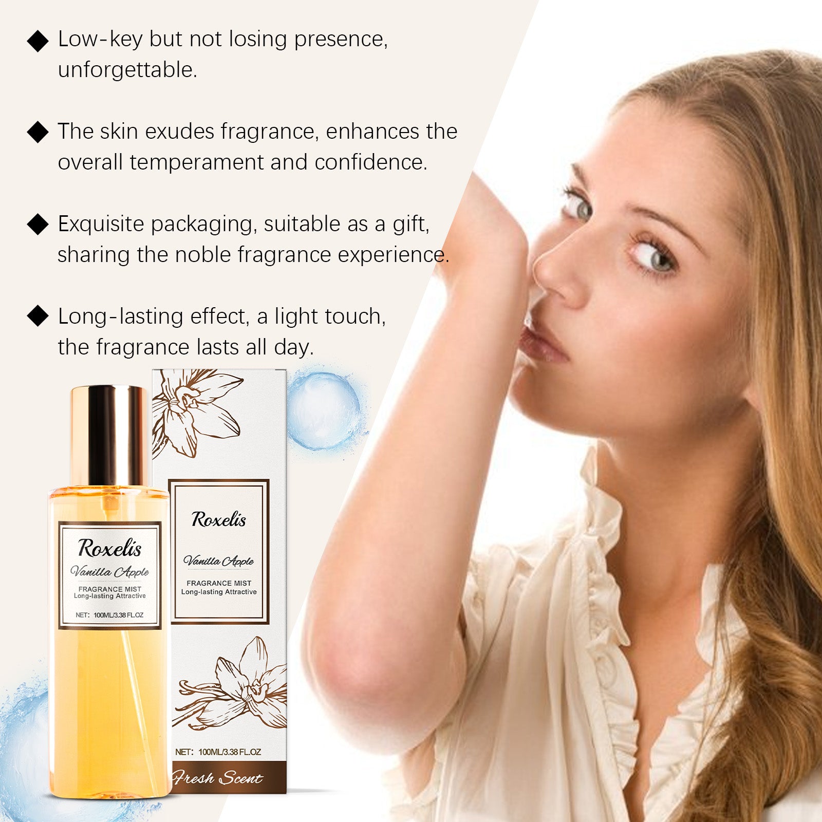 Roxelis Vanilla Apple Romantic Body Fragrance Niche Fresh Scent Body Stay Fragrance Light Fragrance Perfume Body Spray