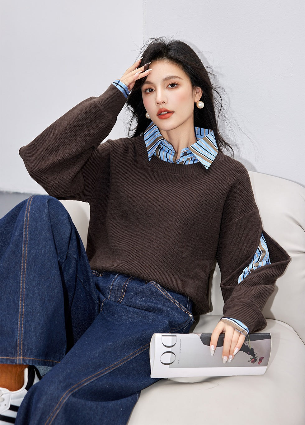 Fashion Style False Two-Piece Splicing Hollow Knit Sweater for Women  Simple Knitwear