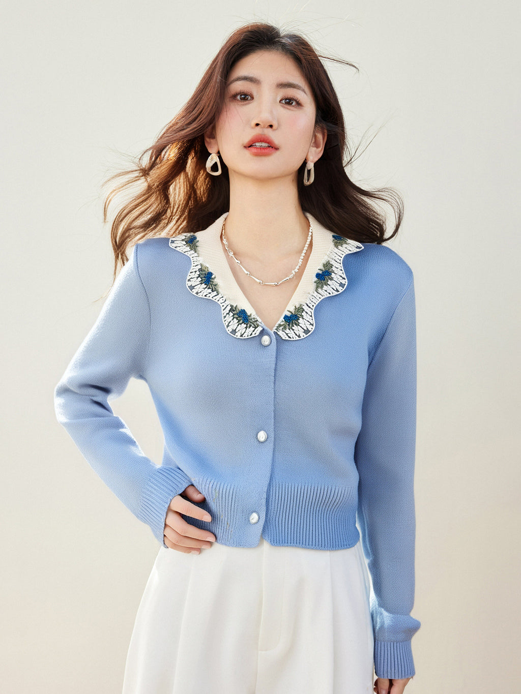 Sweet Lace Embroidery Trim Neck Knit Cardigan Top for Women