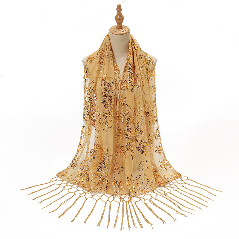 Long Fringe Sequin Embroidered Shawl Party Dress Evening Banquet Spring Summer Thin Cheongsam Gauze Scarf Women