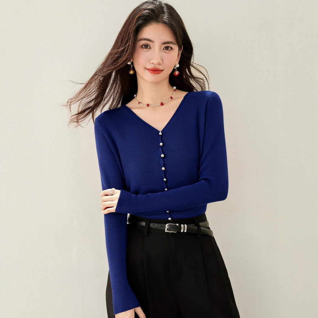 Chic Navy Blue V-Neck Knit Cardigan for Women  Lightweight Long Sleeve Inner Top